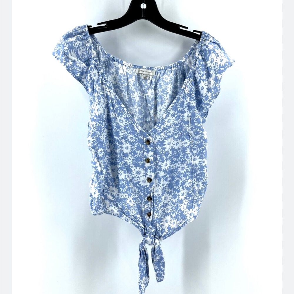 American Eagle blue and white cropped shirt with front tie